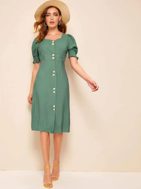 Overstock Sweetheart Neck Single Breasted Gathered Cuff Dress