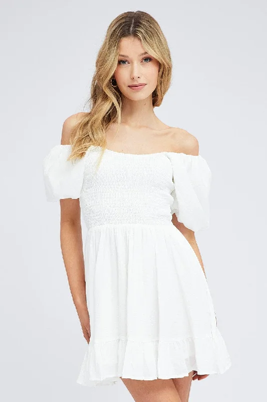 Limited Time White Fit And Flare Dress Shirred Bust Mini