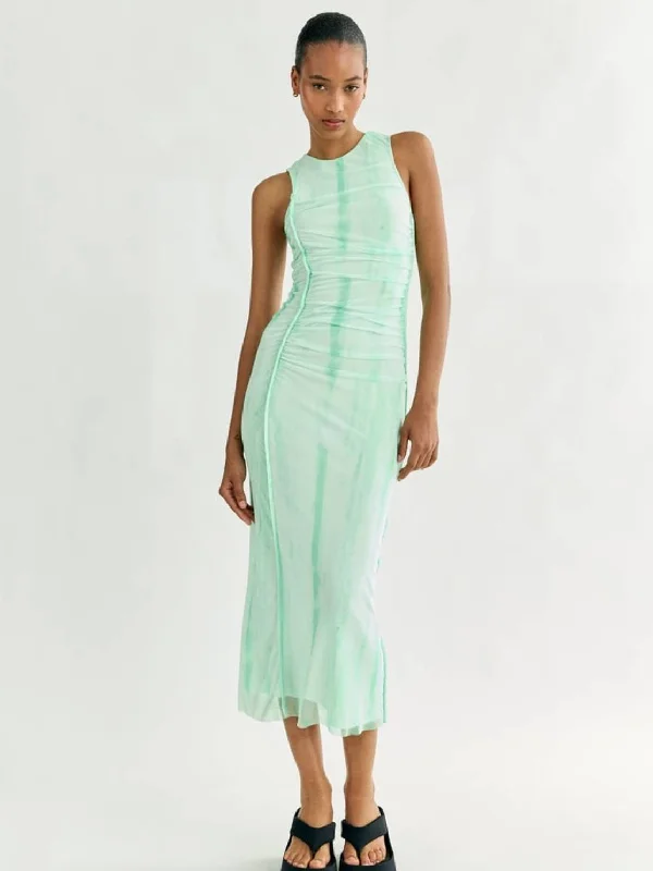 Bargain Prices Printed Tulle Folds Slimming Midi Dress