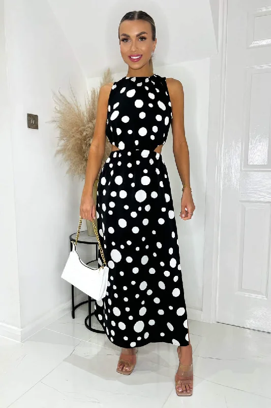 YEAR-End Clearance Black And White Polka Dot Cut Out Midi Dress