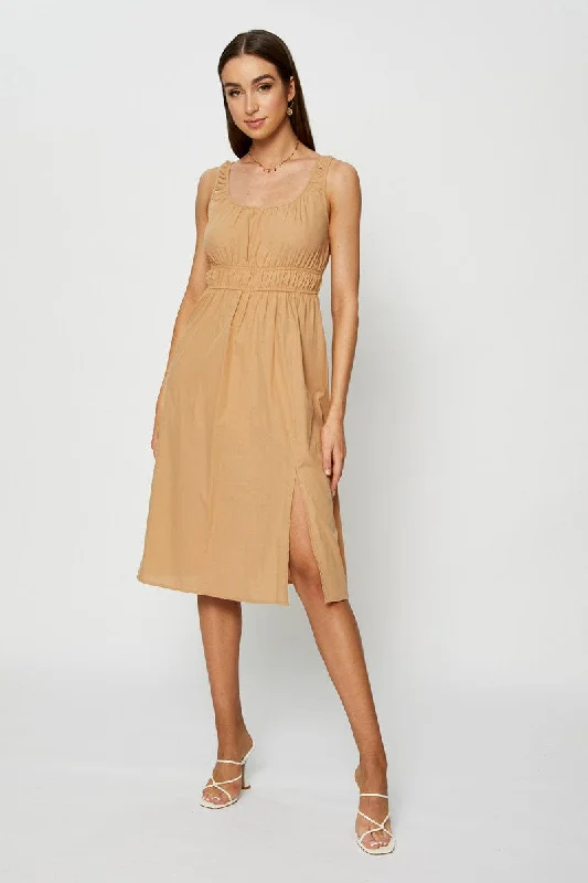 Huge Discounts Beige Midi Dress Sleeveless