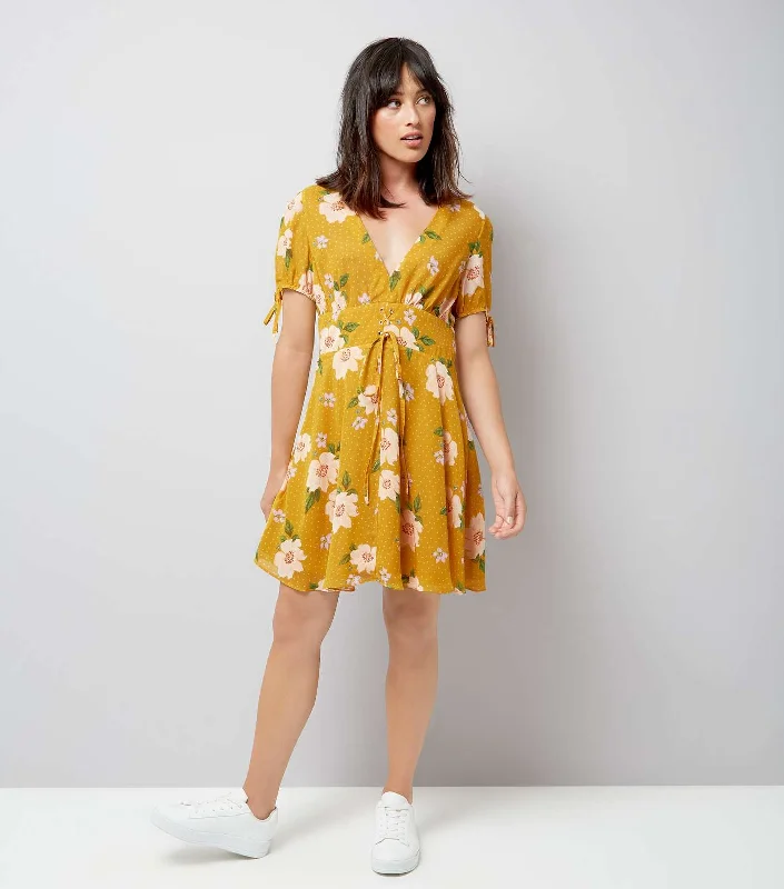 Value Deals Yellow Floral Spot Print V Neck Dress