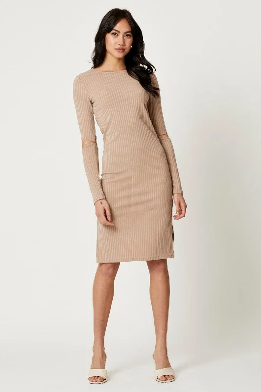 Hot Deal Brown Midi Dress Long Sleeve