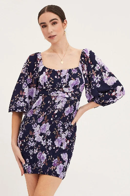 Members Only Print Shirred Dress Long Sleeve Mini