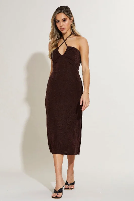 Weekend Deal Brown Midi Dress Keyhole