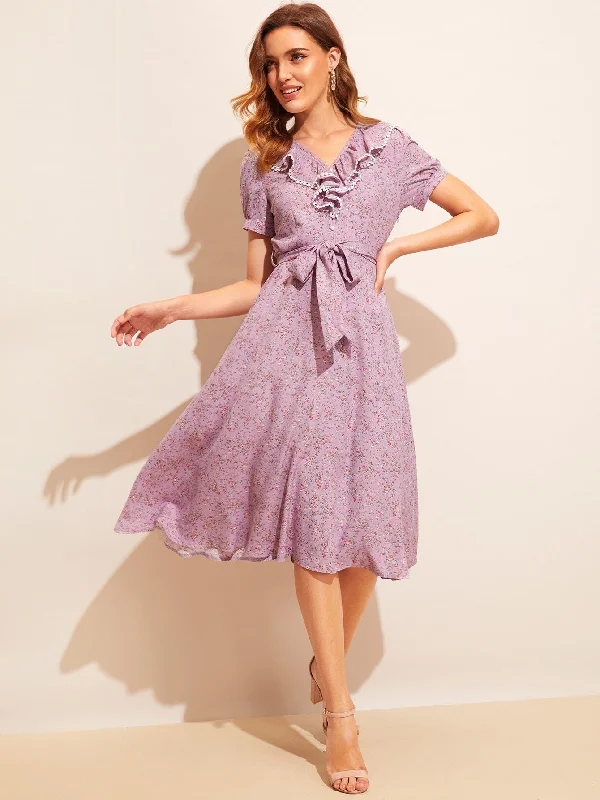 Daily Deals Ditsy Floral Ruffle Trim Belted Midi Dress