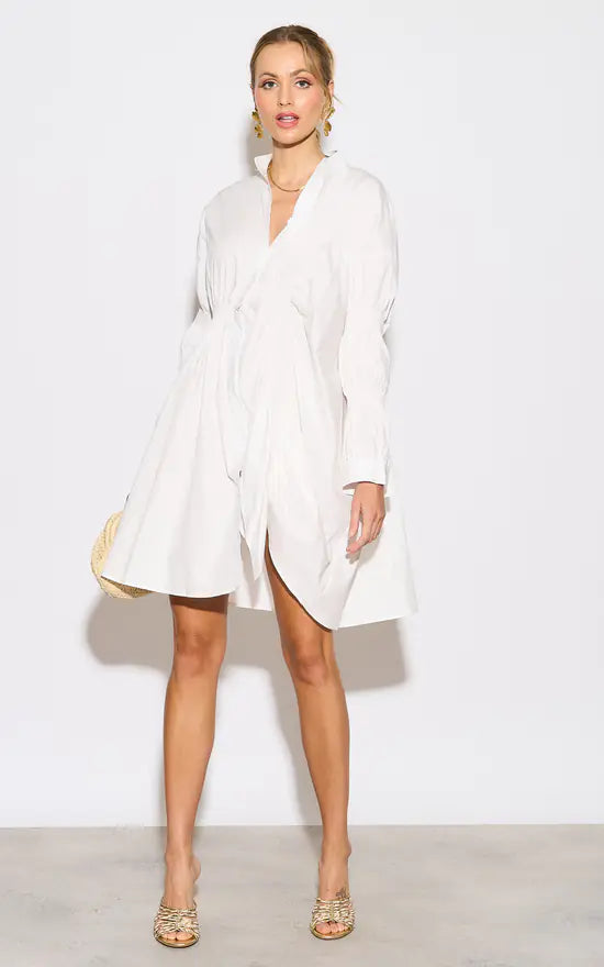 Discount Deals Asymmetry With Elasticated Design Cotton Blend Shirt Dress In White