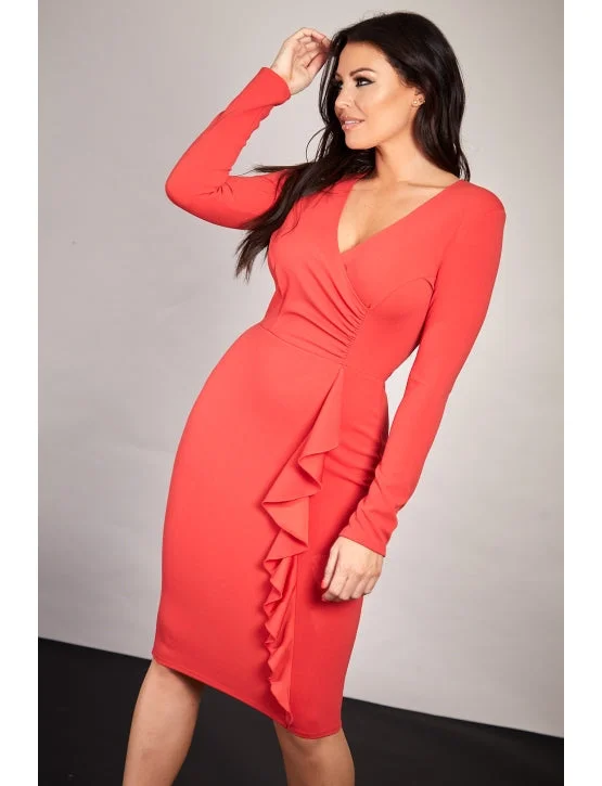 Warehouse Sale Red Long Sleeve Wrap Bodycon Midi Dress