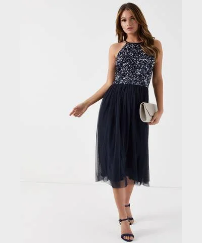 Big Savings Halter Midi Neck Dress Navy