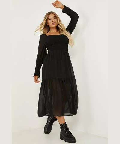 Savings Spectacular Black Chiffon Shirred Tiered Midi Dress
