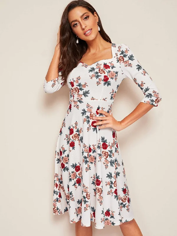 Super Savings Floral Sweetheart Neck Fit & Flare Dress