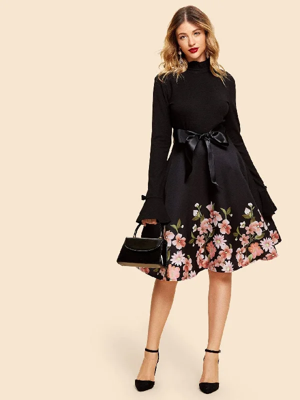 One-DAY Sale 50s Frill Neck Self Belt Flared Floral Dress