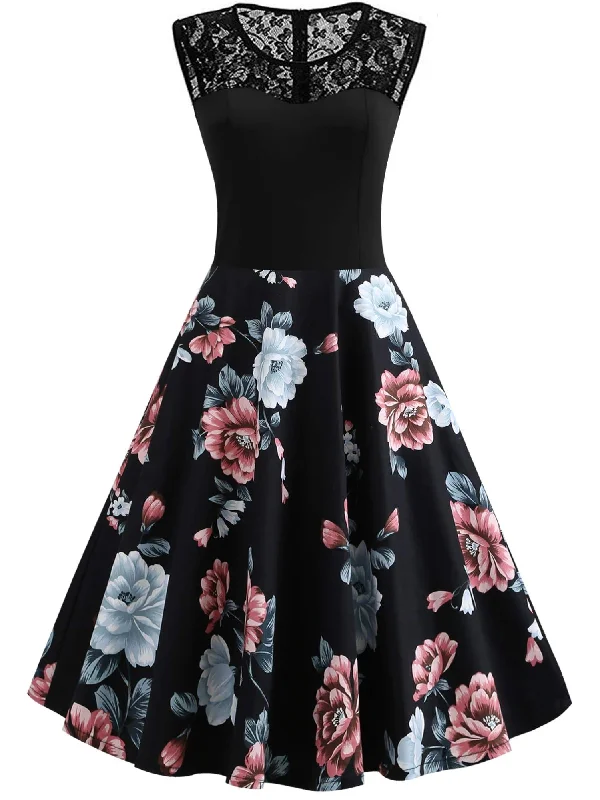 Unmissable Offer 50s Lace Panel Floral Print Circle Dress