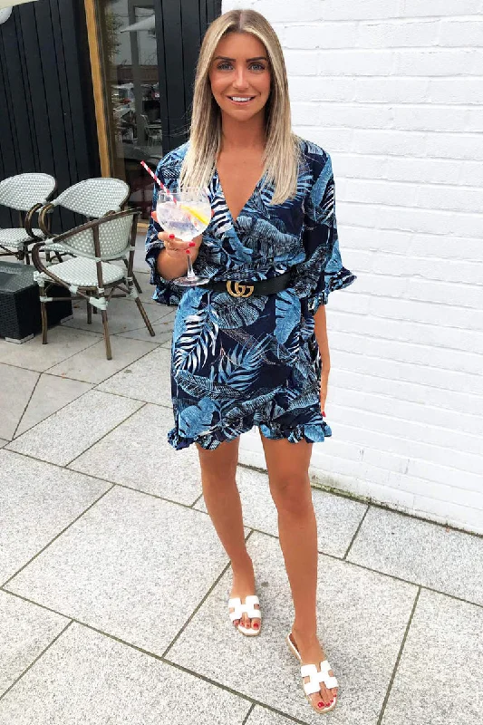 Daily Deals Navy Tropical Print Wrap Dress