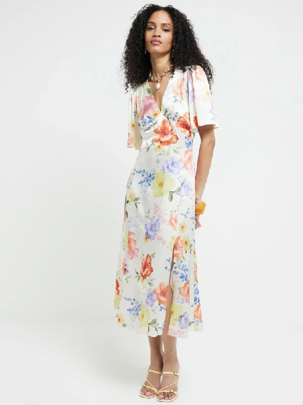 Today's Special White satin floral swing midi dress