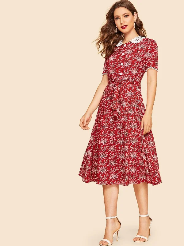 New Deals 30s Guipure Lace Collar Belted Leaf Print Dress