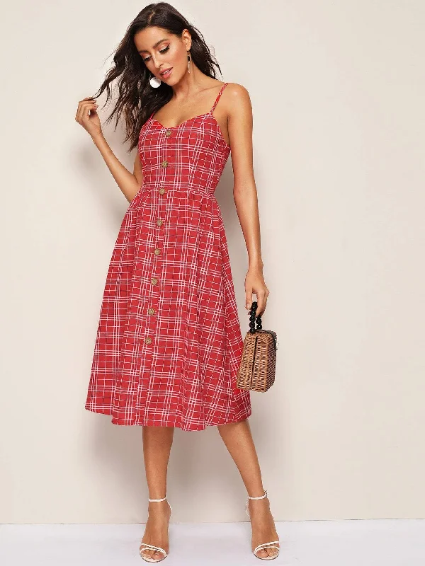 Final Markdown Plaid Button Front Slip Flare Dress