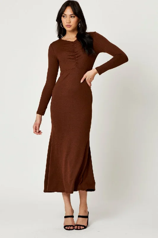 Deep Discounts Brown Gathered Front Midi Dress