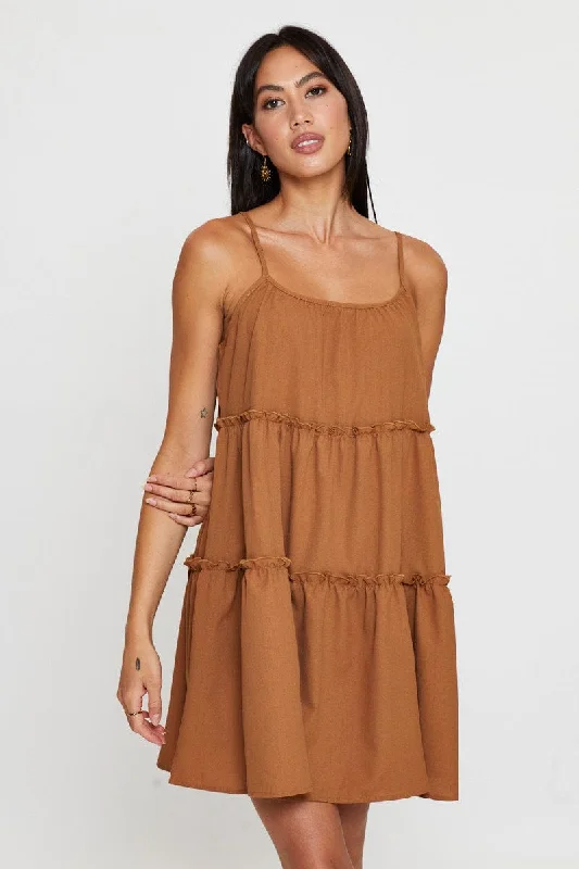 Hurry In Brown Fit And Flare Dress Sleeveless Tie Shoulder