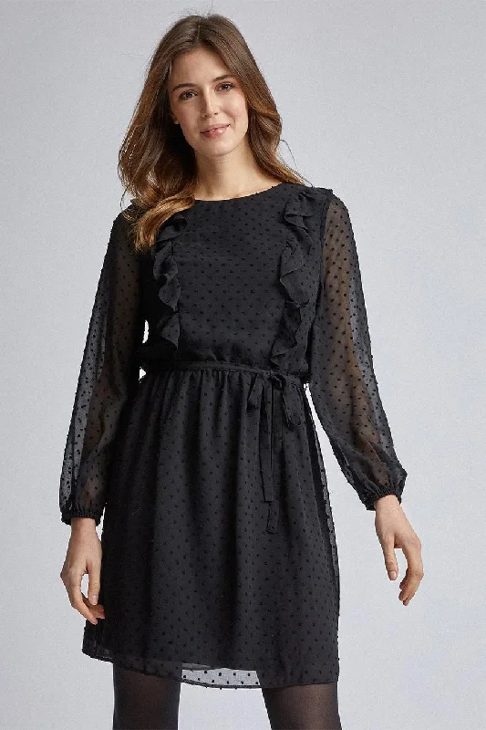Unbeatable Prices Black Dobby Frill Fit And Flare Dress