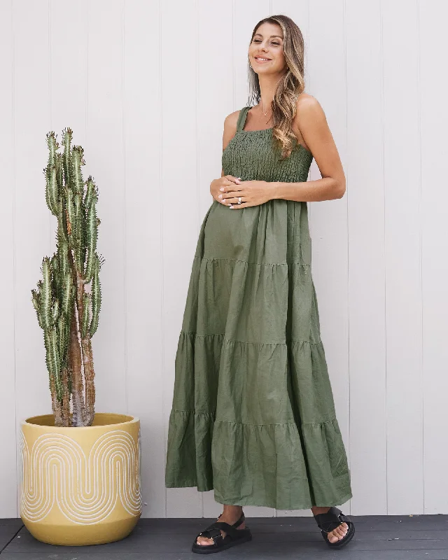 Final Clearance Maternity Lilliana Linen Dress in Olive Green