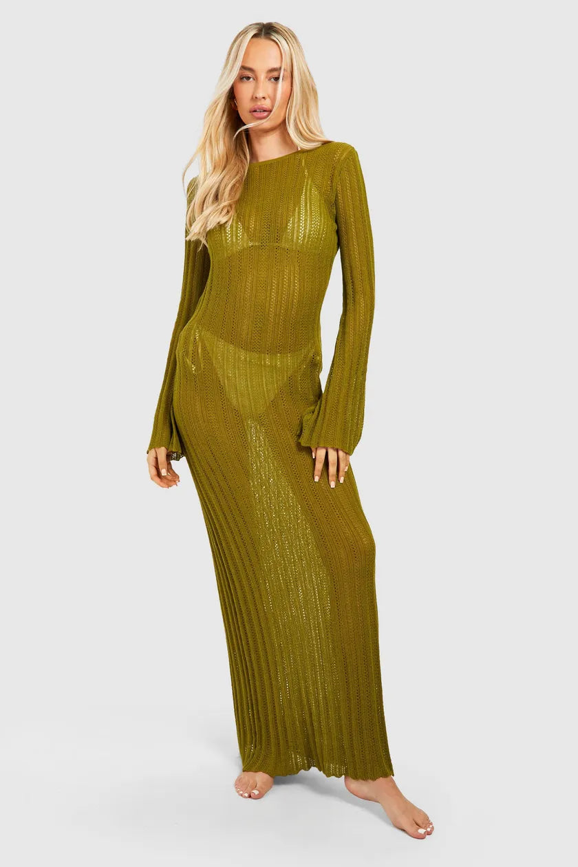 Crazy Deals Tall Crochet Flare Sleeve Scoop Back Knitted Dress