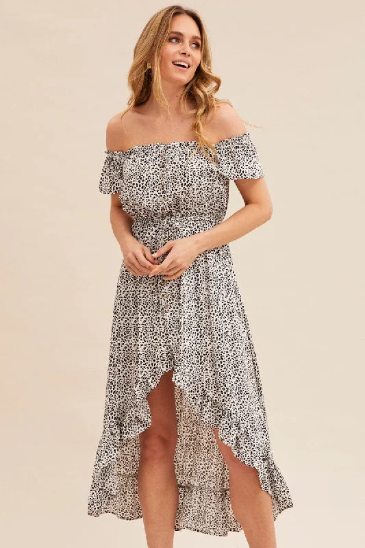 Holiday Sale Print Midi Dress Short Sleeve Shirred Off Shoulder