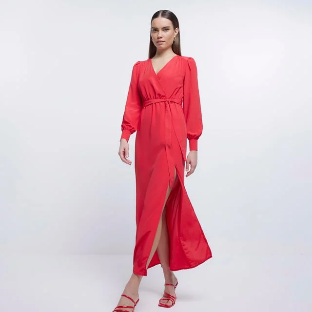 Must-Have Deals Wrap Dress Red Cara Midaxi Long Sleeve