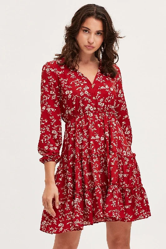 Price Slash Print Skater Dress Long Sleeve Mini