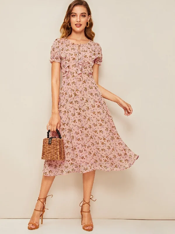 Crazy Deals  70s Ditsy Floral Tie Neck Ruffle Trim Dress