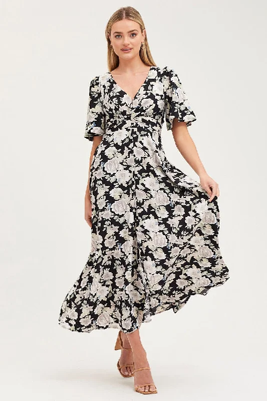 Can't Miss Print Dress Short Sleeve Maxi V Neck Polyester