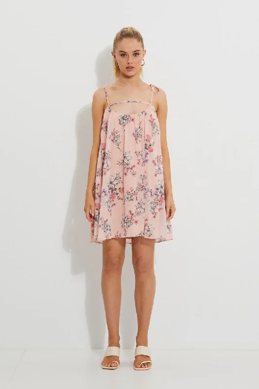 Stock Clearance Print Print Tie Shoulder Swing Dress