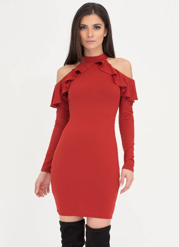 Final Clearance Vintage Chic Ruffled Cold Shoulder Dress