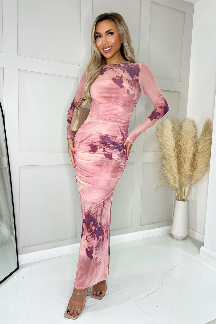 Crazy Savings Blush Mesh Overlay Long Sleeve Bodycon Midi Dress