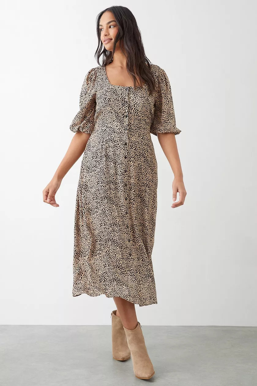 Act Now Leopard Print Button Through Midi Dress