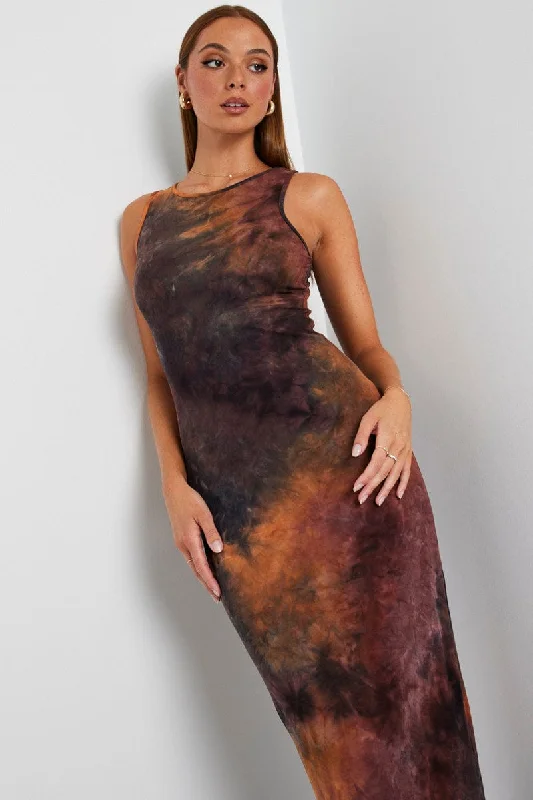 Midnight Sale Brown Abstract Maxi Dress Sleeveless Jersey