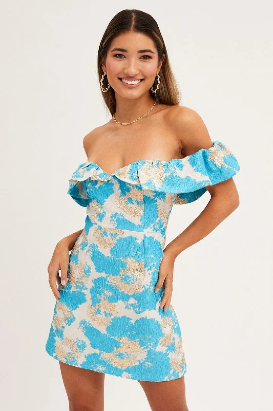 Deal of the Day Print Volume Off Shoulder Jacquard Mini Dress