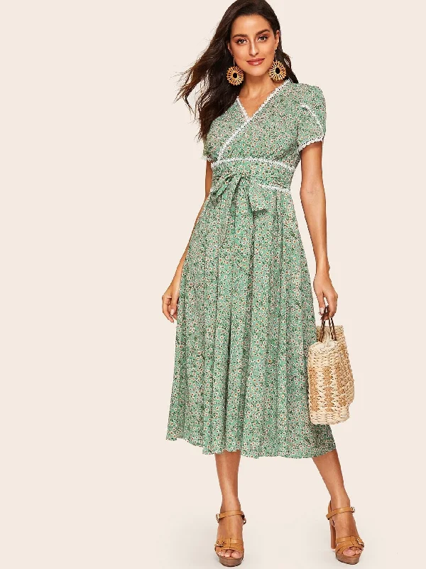 Midnight Madness 50s Lace Trim Ditsy Floral Print Belted Dress