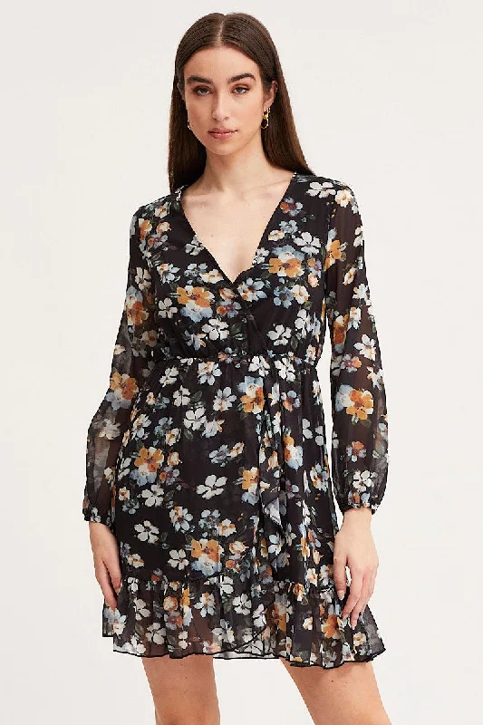 Weekend Special Print Mini Dress Long Sleeve V Neck