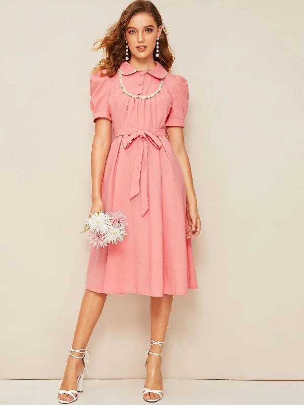 Daily Specials 50s Puff Sleeve Lace Trim Belted Dress