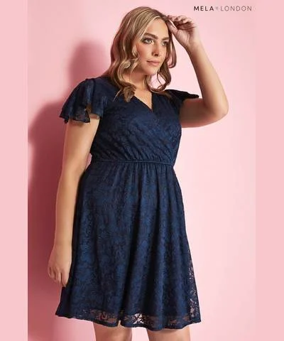 Best Bargains Ruffle Sleeve Lace Dress Navy