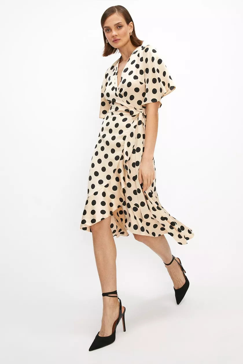 Limited Edition Flare Sleeve Wrap Satin Midi Dress