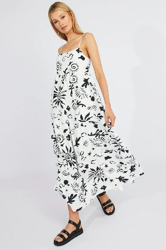 Early Access White Abstract Maxi Dress Strappy Tiered