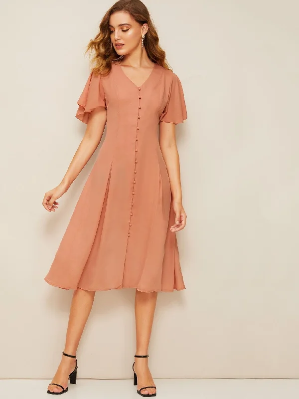 Great Deals 60s Flutter Sleeve Button Up Pleated Dress