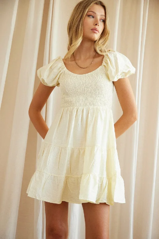 Fantastic Offers Beige Fit And Flare Dress Short Sleeve Scoop Neck