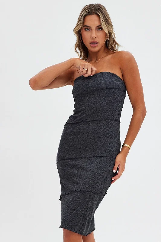 Instant Discount Grey Boob Tube Dress Midi Bodycon Ribbed Bandeau