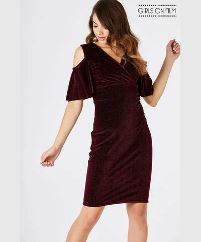 Incredible Offers Burgundy Velvet Cold Shoulder Bodycon Dress