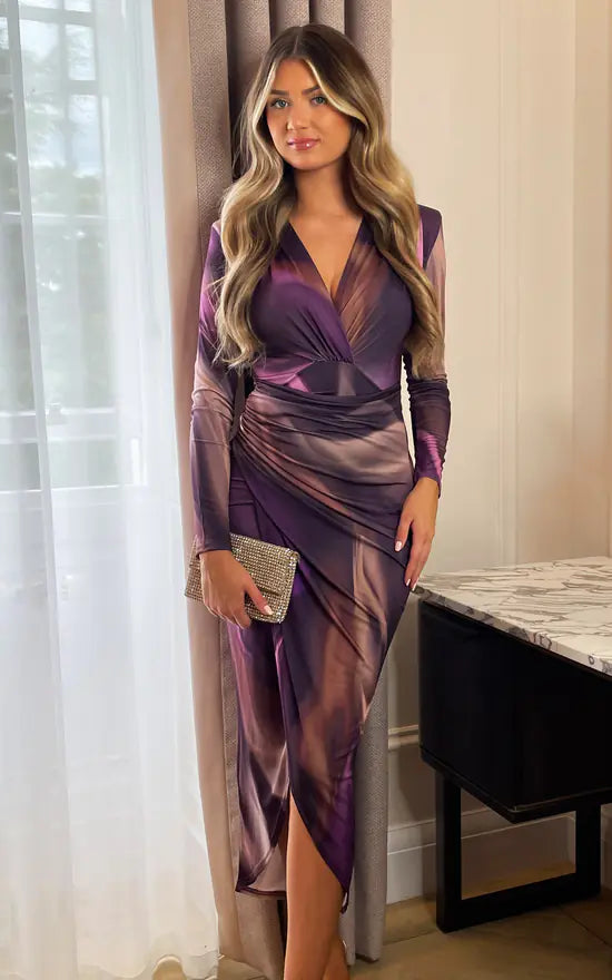 Price Slash Plum Printed Long Sleeve Wrap Midi Dress