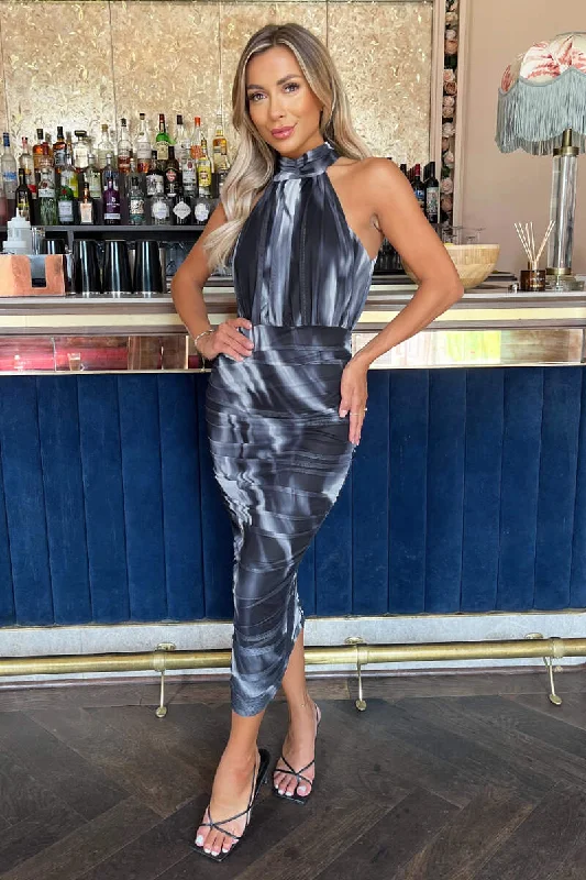 Reduced Prices Black And White Marble Print Halter Neck Ruched Mesh Midi Dress