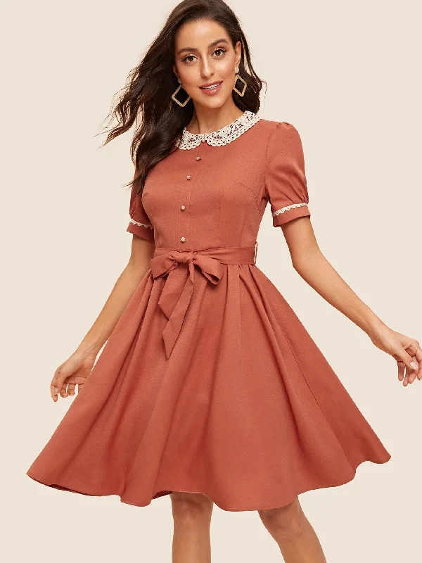 Early Access 50s Contrast Lace Neck Button Front Belted Dress